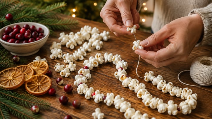 Hände fädeln Popcorn neben Cranberrys und getrockneten Orangenscheiben zu einer Weihnachtsgirlande auf