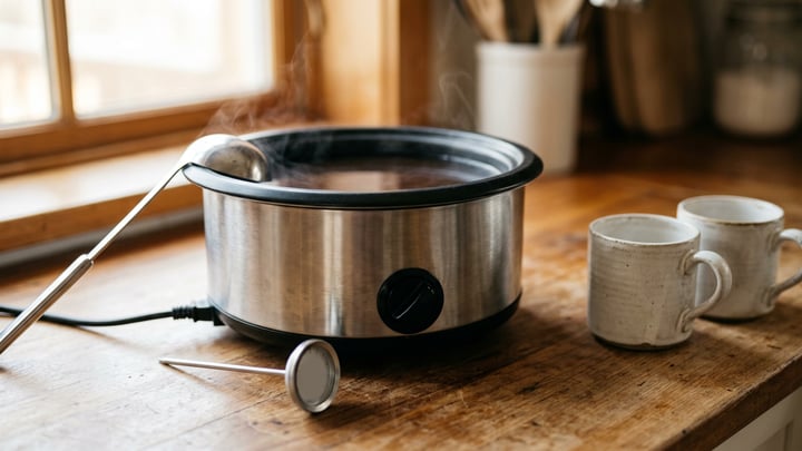 Panela elétrica com termostato mantendo uma bebida quente: vapor, superfície parada sem borbulhar, uma concha apoiada e duas xícaras vazias ao lado
