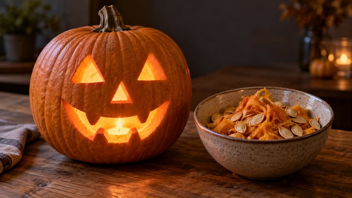 Halloween-pompoen gesneden met driehoekige ogen, van binnenuit verlicht, naast een kom met de zaden en het vruchtvlees dat eruit is gehaald