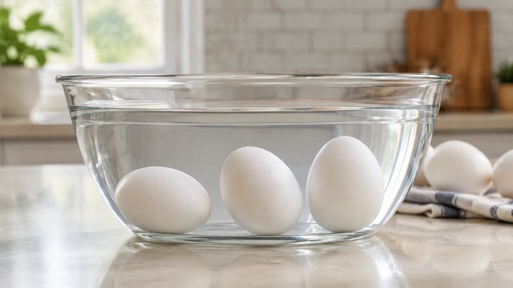Three eggs in a glass of water, one lying flat on the bottom, one tilted and one standing on end, showing different degrees of freshness