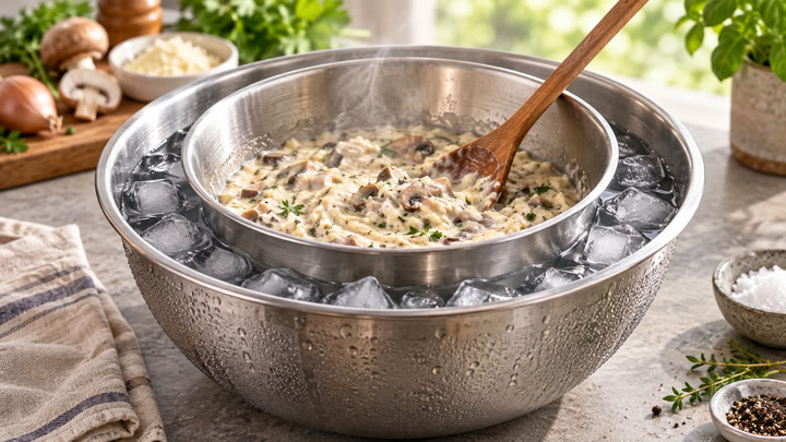 Een bak met eten staat in een grotere kom met water en ijs op een keukenblad
