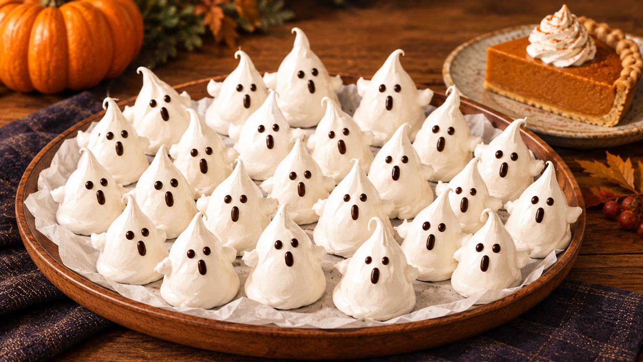 Witte meringue-spookjes met ogen en mond van chocolade op bakpapier, naast een punt pumpkin pie