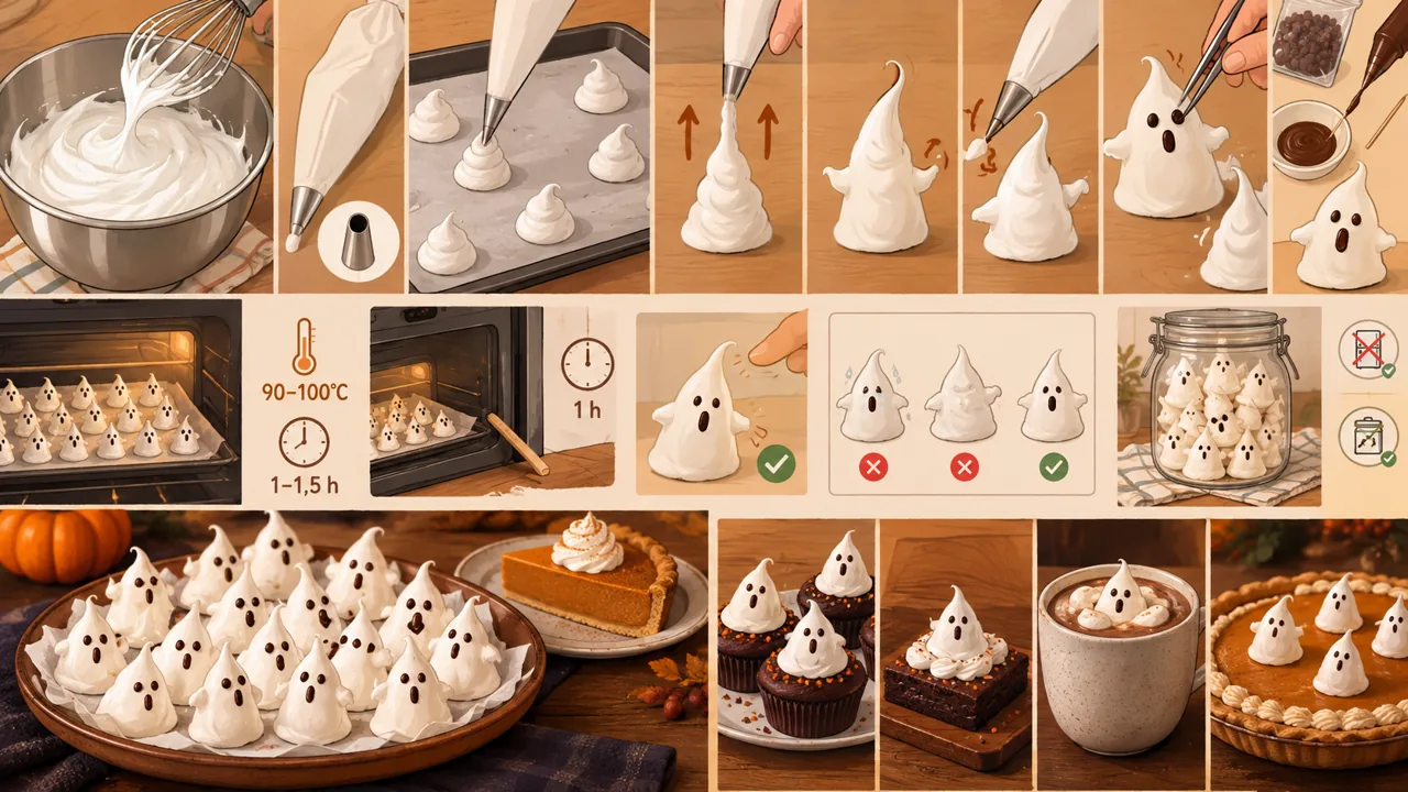 Geïllustreerd stappenplan: meringue kloppen, spookjes spuiten, gezichtjes maken, in de oven drogen, in een pot bewaren en serveren op cupcakes, brownies, warme chocolademelk en pumpkin pie